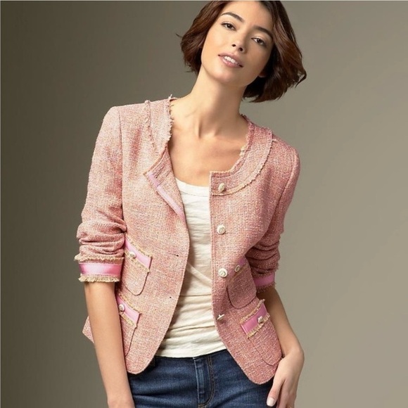 Talbots Grace Fit Collarless Gold Tweed Metallic Blazer Jacket Jackie O Fringe - Picture 2 of 15